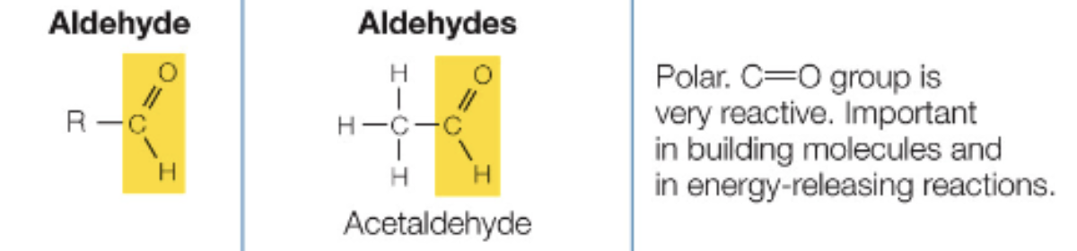 <p>C double bonded to O and single bonded to H, polar</p>