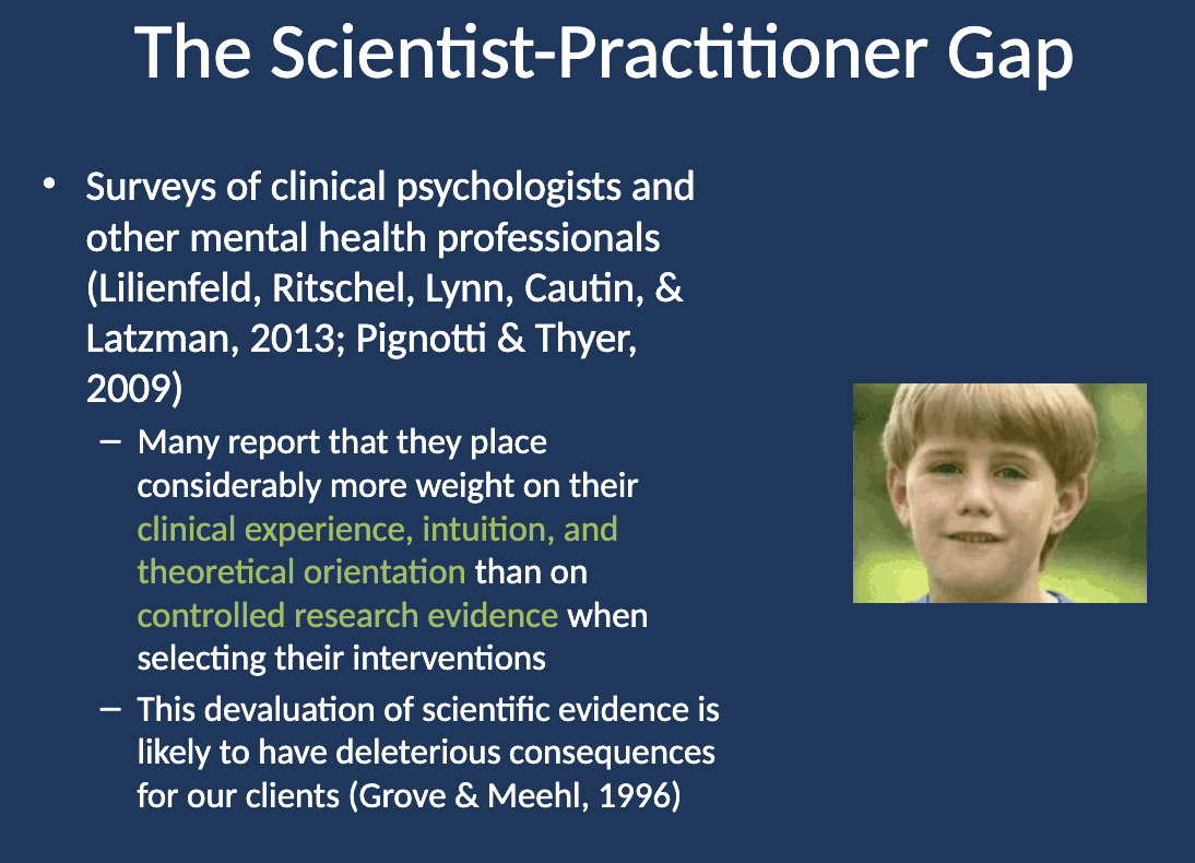 <ul><li><p class="">Many reported placing more weight on <strong>clinical experience, intuition, and theoretical orientation </strong>than on <strong>controlled research evidence </strong>when selecting interventions.</p></li><li><p class="">This devaluation of scientific evidence may have harmful consequences for clients.</p></li></ul><p></p>