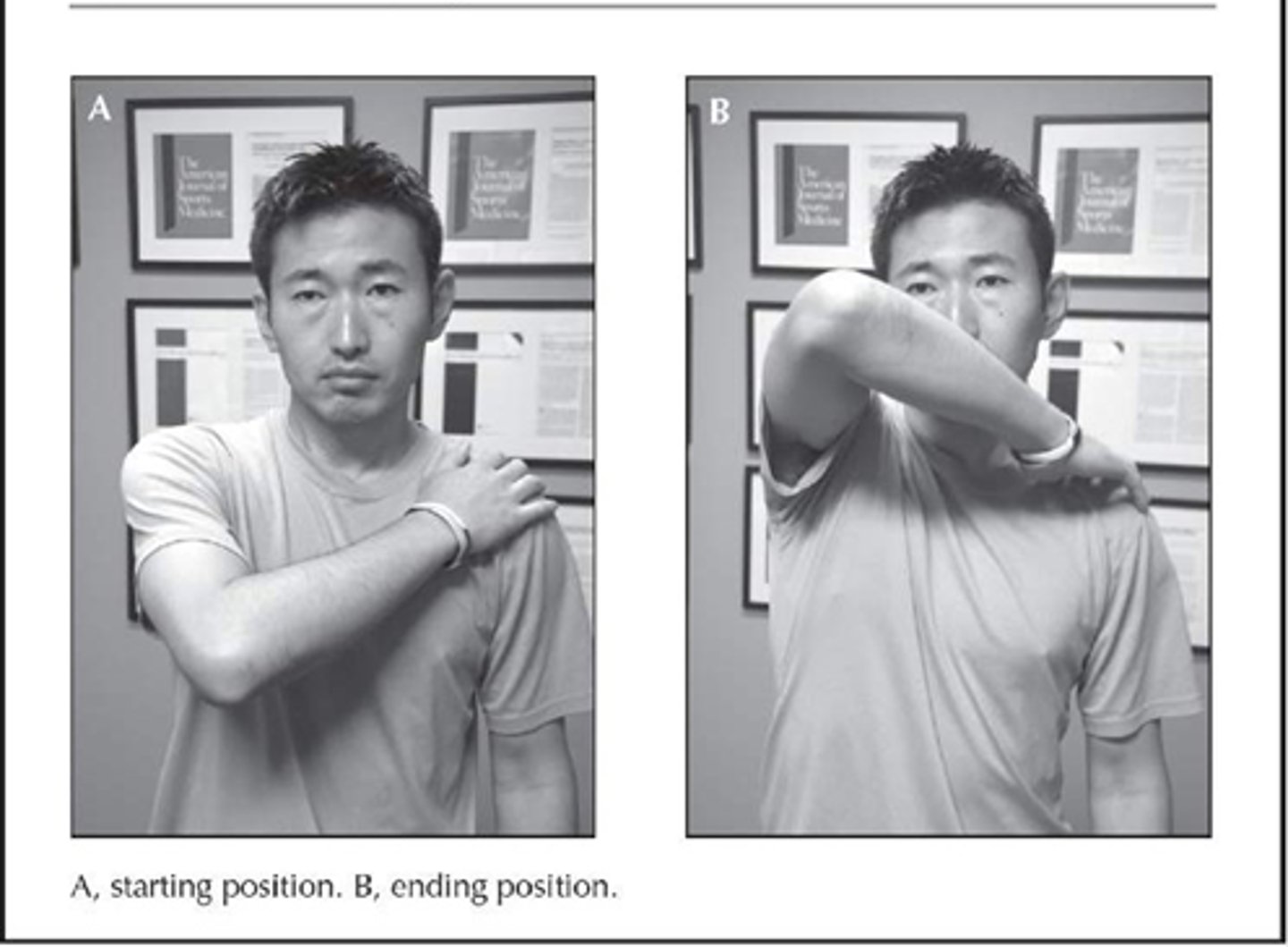 <p>modified hawkins kennedy, PT elevates elbow while pts hand is on opposite shoulder</p>