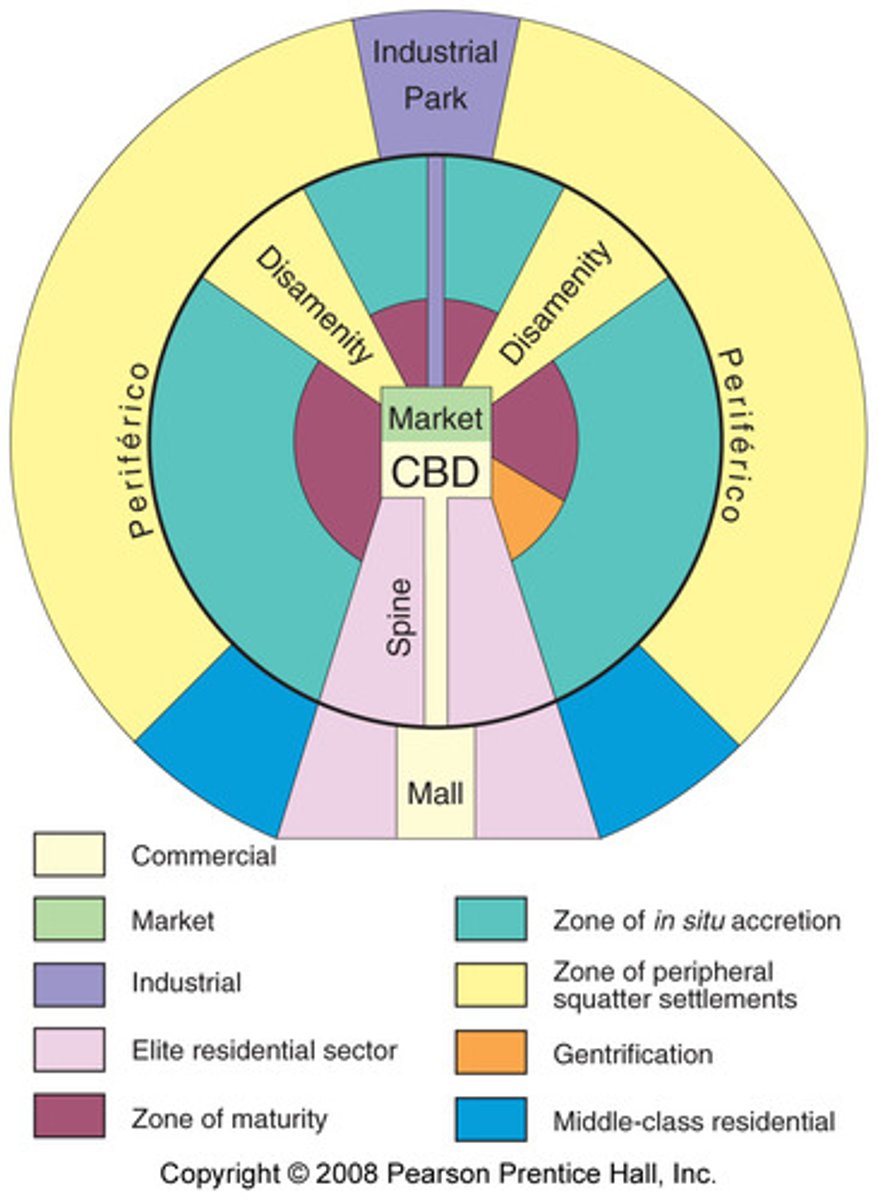 <p>- Two-part CBD at the center of the city (Traditional market center next to modern high-rise center)</p><p>- High-quality housing (starts next to CBD, extends outward from urban core)</p><p>- Spine of commercial development (goes through the middle of the high-quality housing area;</p><p>theaters, restaurants parks, and other amenities; ends in a growing secondary center or "mall")</p><p>- As distance from city center increases, housing quality decreases (public transportation, urban water supply, access to electricity→ decrease)</p><p>- Outer ring of the city: periferico (poverty, lack of infrastructure, areas of poorly built housing: shantytowns: Residents are often recent migrants)</p>