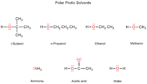 <p>are solvents that contain acidic hydrogen atoms, which can form hydrogen bonds with solutes. They stabilize nucleophiles through hydrogen bonding, thereby influencing reaction mechanisms such as nucleophilic substitutions. </p>