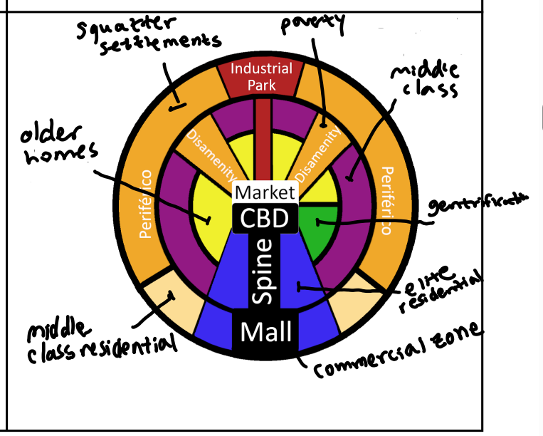 <p><span>A model of urban land use in Latin American cities where the elite and wealthy live in sectors radiating outward from the central business district.</span></p><ul><li><p><span>Example: São Paulo, Brazil.</span></p></li><li><p><span>Significance: It reflects the social and economic disparities within Latin American cities and influences urban development policies.</span></p></li></ul>