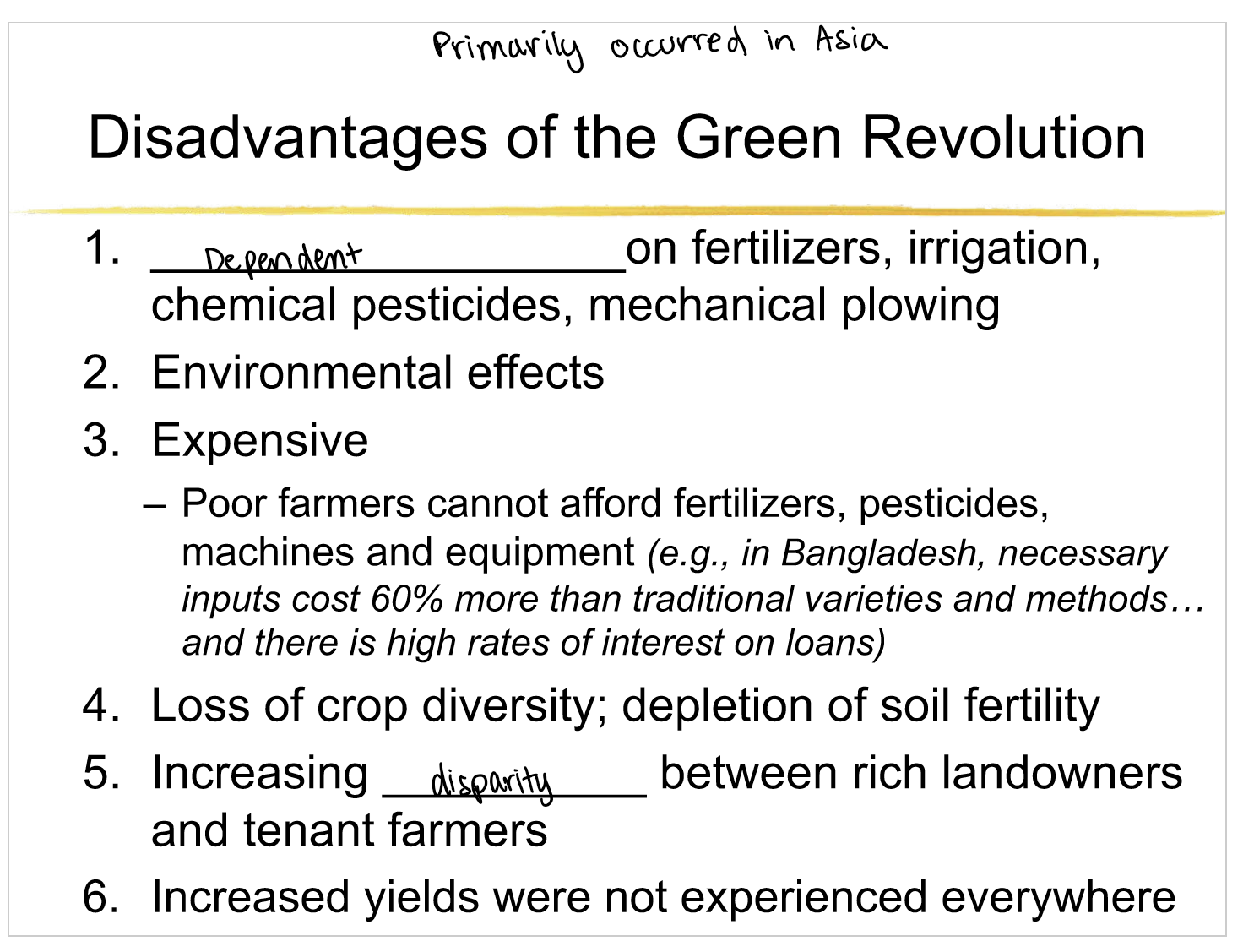 <p>increase in argricultural production via high yield varieties of cereal grains, irrigation</p><ul><li><p>advantages: doubled our staple grains with the same amount of  land</p><ul><li><p>reduced need for food imports in some countries </p></li><li><p>reduction in poverty or hunger in countries most affected by green revolution</p></li></ul></li></ul><p></p>