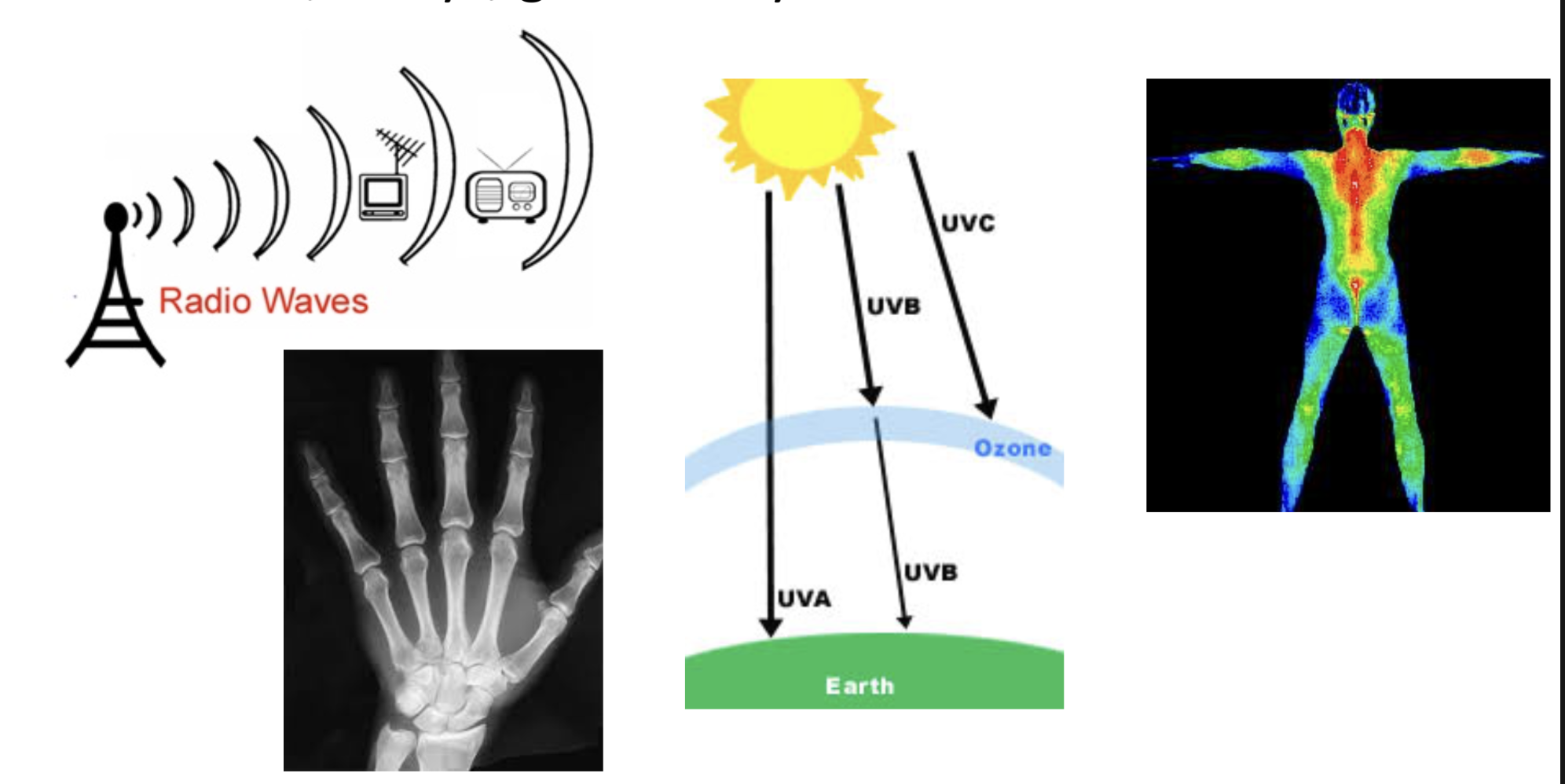 <p>radiowaves, microwaves, infrared radiation, visible light, UV radiation, X-rays, gamma rays</p>
