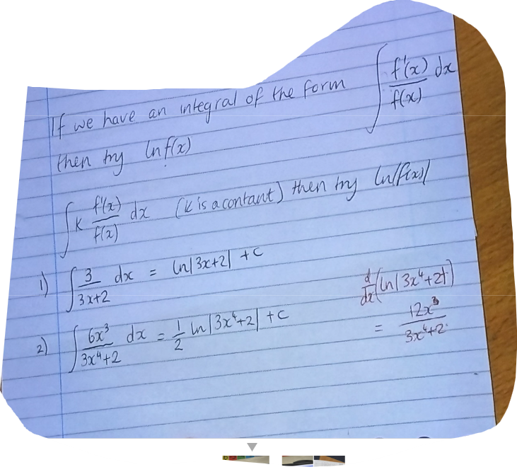 <p>try the ln of the denominator</p><p>then multiply it by what’s necessary to make it have started at the right place so u can differentiate to check and its fine (very badly worded but clearer in practice and in the pic)</p>