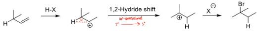 <p>Undergoes a hydride shift to move electrons to a position of greater stability forming a more stable product.</p><p>Markovnikov</p>