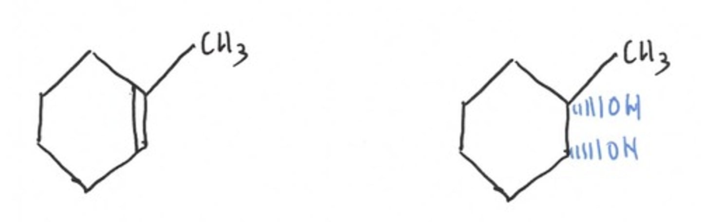 <p>Adds OH to both sides of double bond (syn)</p>