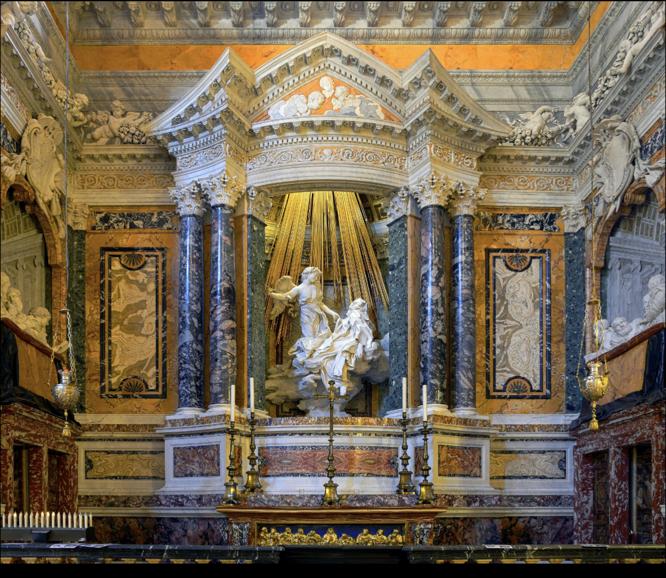 <ul><li><p>Bernini, 1650, Rome</p></li><li><p>Spiritual vision in art would increase piety and devotion</p><ul><li><p>Capturing St. Teresa’s vision would do this</p></li><li><p>Space around it was also designed by him, enhancing her vision story thing</p></li><li><p>Gilded rays as if godrays are emanating down onto teresa</p></li></ul></li><li><p>Showing moment of cupid about to pierce her</p><ul><li><p>Finely carved, whereas Teresa is dematerializing under the cloths showing spirituality stuff</p></li></ul></li><li><p>Both figures appear weightless</p></li><li><p>Relief sculptures appear like windows on right/left</p><ul><li><p>Cornaro Family who commissioned the work&nbsp;</p></li></ul></li></ul>