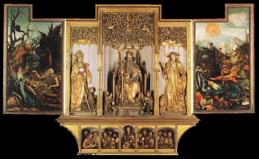 <ul><li><p>Nikolaus Hagenauer and Matthais Grünewald</p></li><li><p>S. Anthony between SS Augustine and Jerome</p></li><li><p>1500</p></li><li><p>for hospital specializing in skin diseases (incl. ergotism)&nbsp;</p></li></ul><p></p>
