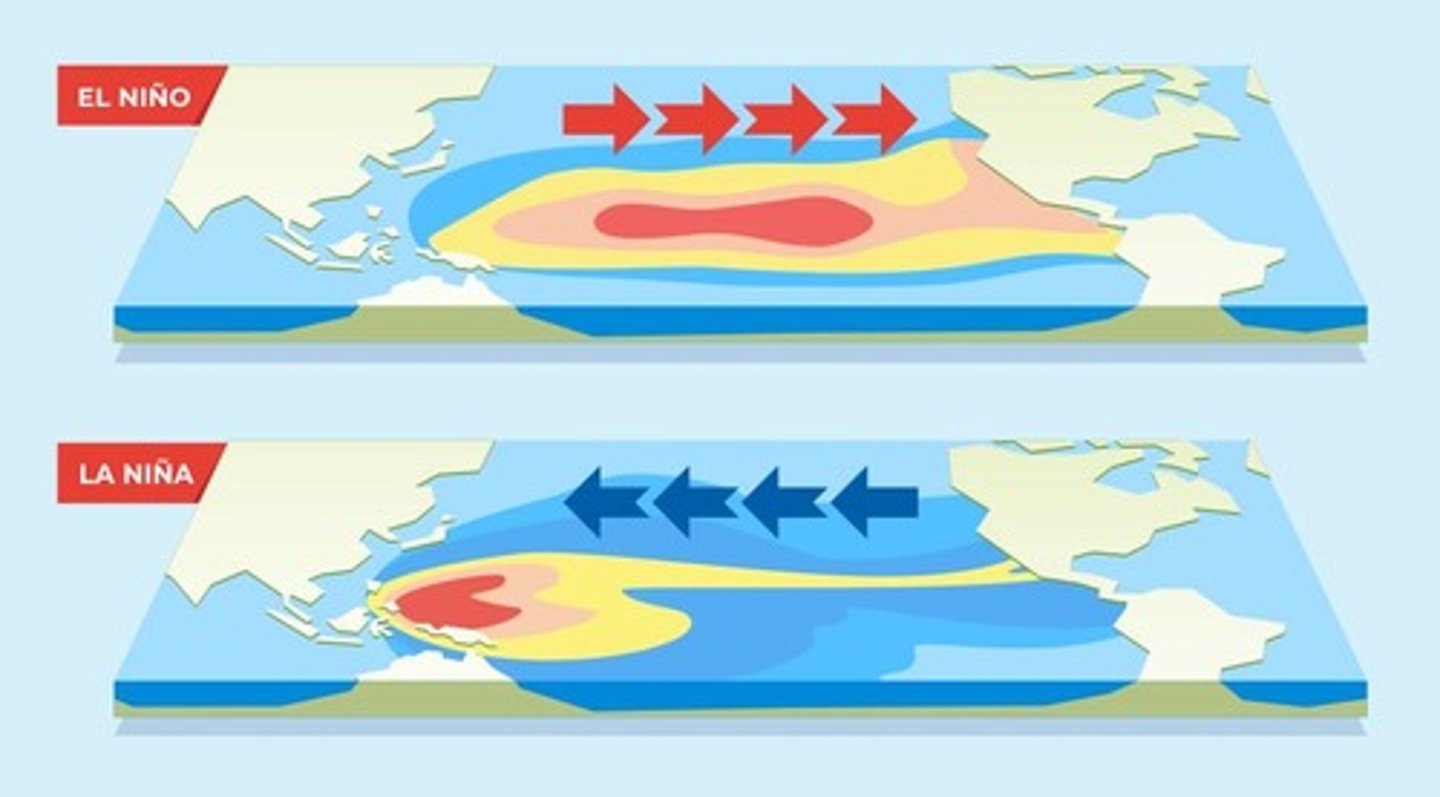 <p>Climate pattern involving changes in Pacific Ocean temperatures and wind patterns.</p>