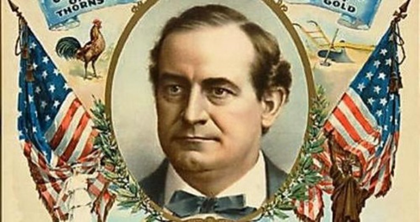 <p>This Democratic and Populist Party candidate ran for president most famously in 1896 His goal of "free silver" (unlimited coinage of silver) - Cross of Gold Speech</p>