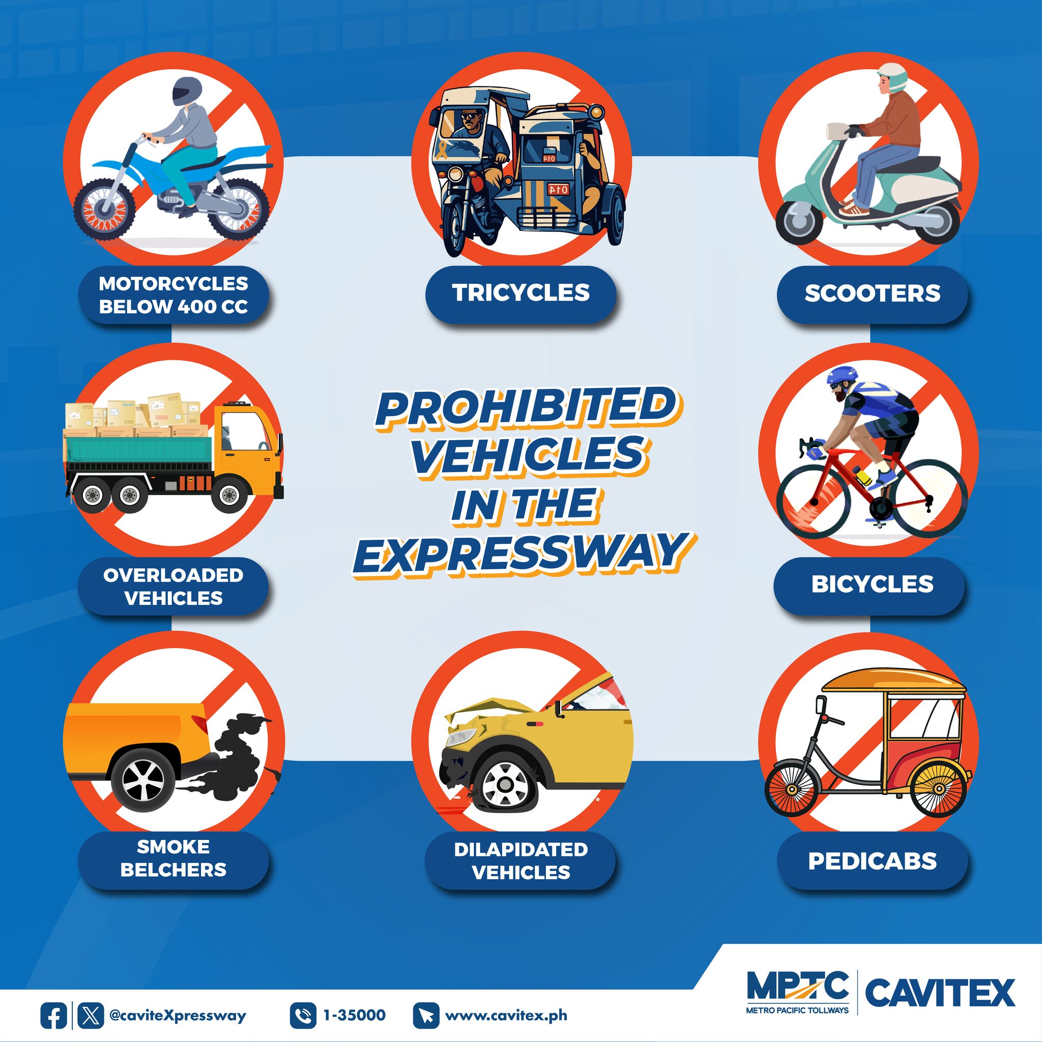 <p><strong>It’s an offense for any of these vehicles to be driven on the expressway as they may impede the flow of traffic:</strong></p><ul><li><p>Vehicles driven by learner drivers</p></li><li><p>Ready mixed concrete trucks</p></li><li><p>Mobile cranes, forklifts and excavators</p></li><li><p>Bicycles, tricycles and trishaws</p></li><li><p>Motorcycles with side-cars and 3 wheeled vans</p></li><li><p>Low trailers, road rollers and road pavers</p></li><li><p>Tractors, dumpers and wheel loaders</p></li><li><p>Bulldozers and graders</p></li><li><p>Mobile concrete pumps and hydrant dispensers</p></li></ul><p></p>