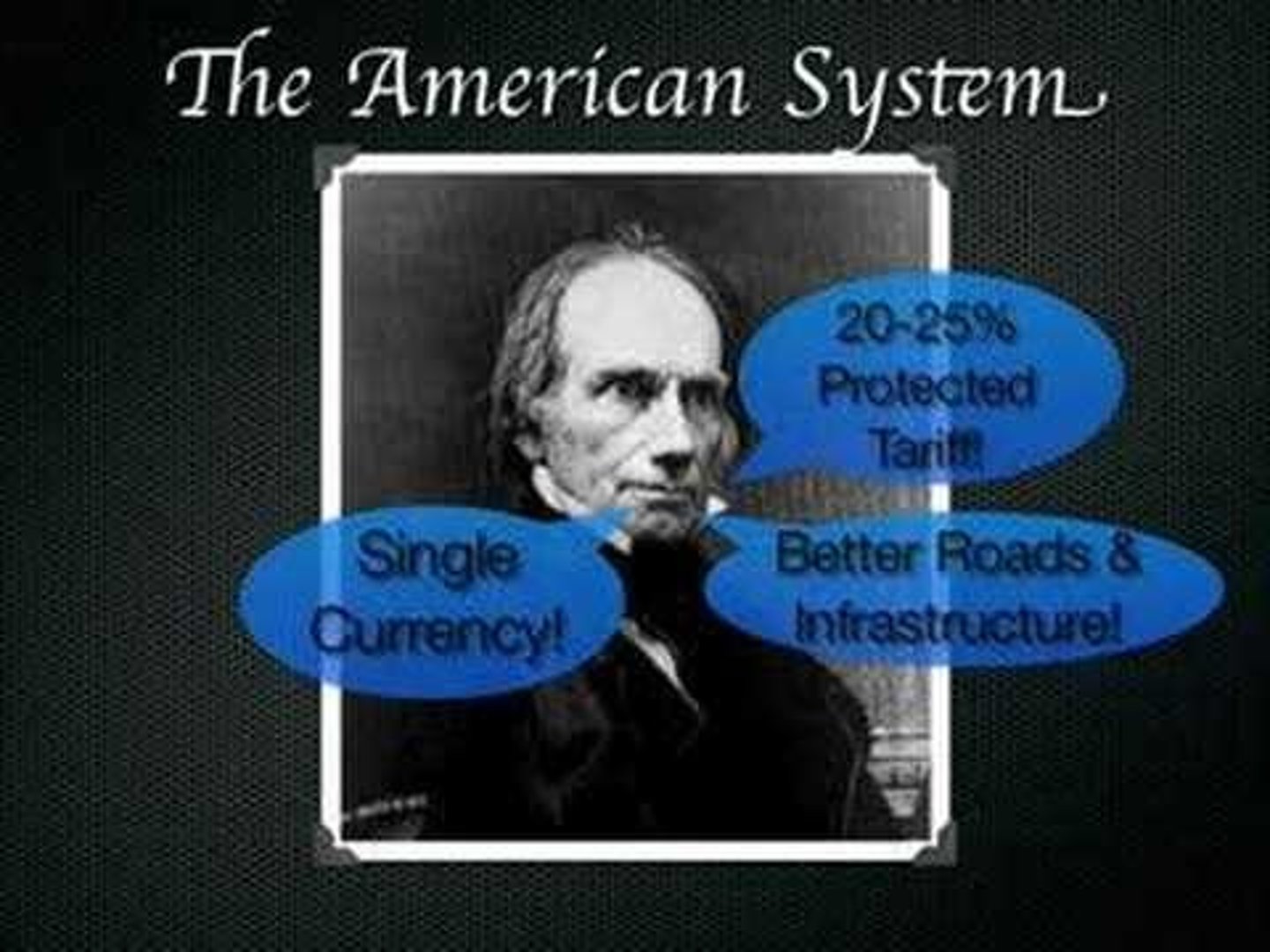 <p>national bank, protective tariffs, and federal subsidies for internal improvements (ex: roads, canals)</p>