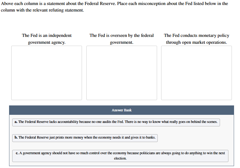 <p>a. The Federal Reserve lacks accountability because no one audits the Fed. There is no way to know what really goes on behind the scenes. b. The Federal Reserve just prints more money when the economy needs it and gives it to banks. c. A government agency should not have so much control over the economy because politicians are always going to do anything to win the next election.</p>