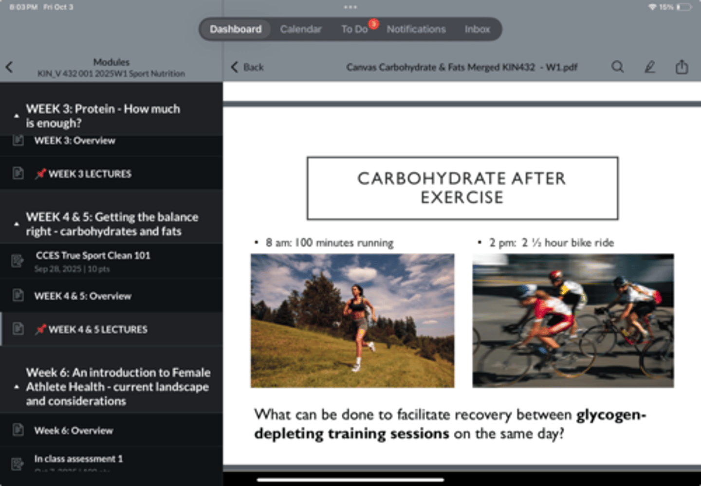 <p>It is critical for is for people training twice in a day, especially if < 4 hours between sessions</p><p>if 100 min run in morning (depletes glycogen stores), and then a bike ride later in the day. it is critical that they follow a plan. need to aggressively consume carbs between sessions</p>