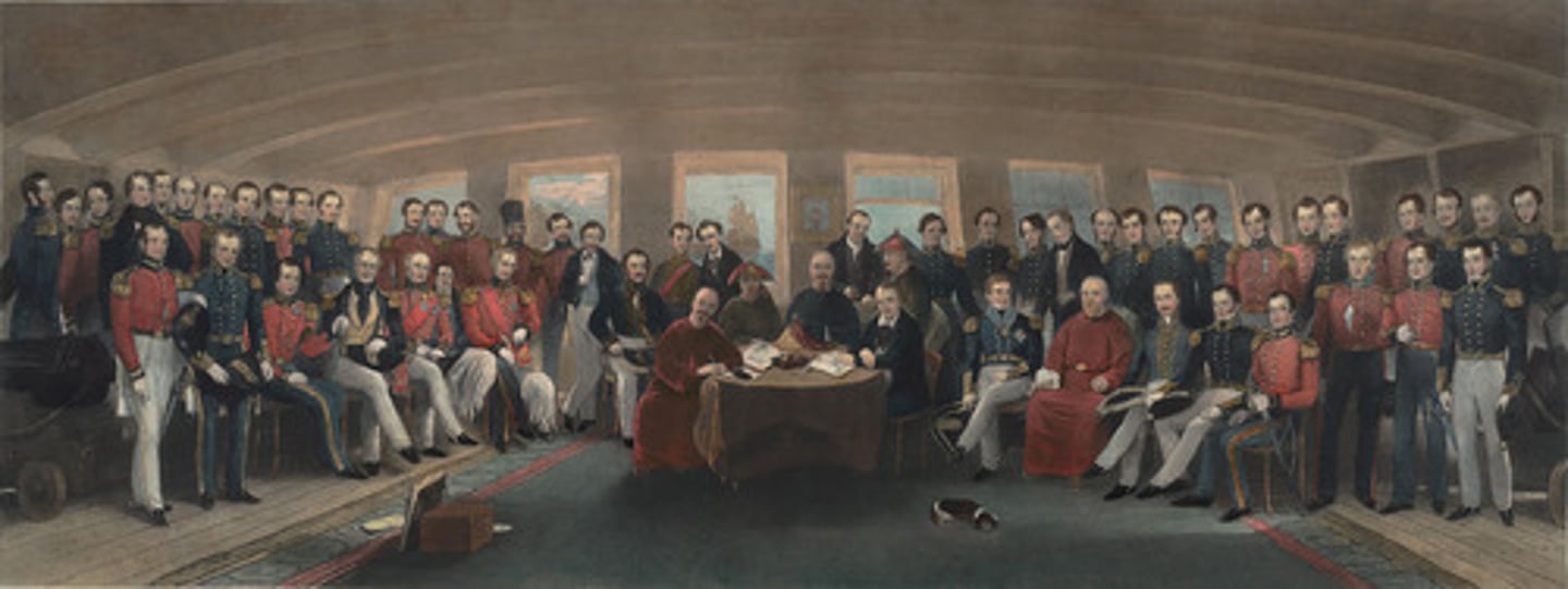 <p>1842 "Unequal treaty" that marked the end of the Opium War in which China had to accept British terms for peace</p>