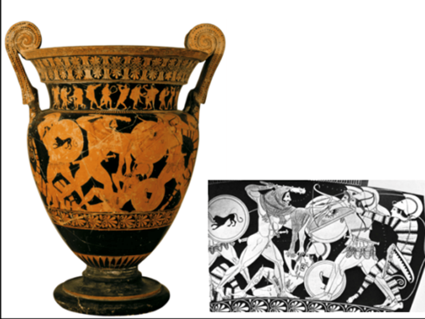 <p>6th century BCE; bow and arrow fighting (Herakles with both a club and a bow); an Amazon on the floor being defeated; Herakles mostly naked while they are clothed</p>