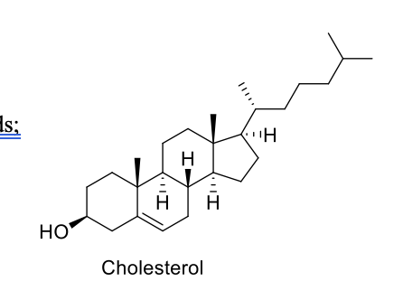 <ul><li><p><span>lipophilic in nature and complex lipids; not made through fatty acids;</span></p><p class="MsoNormal"><span>has one OH group</span></p></li><li><p class="MsoNormal">sterols have a fused four-ring core, while fatty acids consist of a long hydrocarbon chain with a carboxyl group at one end. </p></li><li><p class="MsoNormal"><span><strong>cholesterol</strong> is the most abundant sterol in animals </span></p><ul><li><p class="MsoNormal">key component of animal cell membranes and a precursor for steroid hormones, vitamin D, and bile acids</p><p><br></p></li></ul></li></ul><p></p>