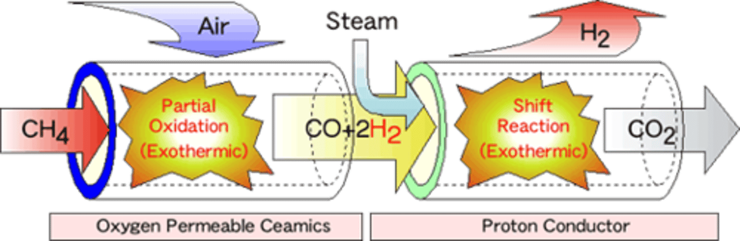 <p>Most widely used (95%) method of producing hydrogen gas. Involves combusting natural gas (CH4) and using steam to separate the Hydrogen (H2) gas. Produces CO2 &amp; relies on FF.</p>