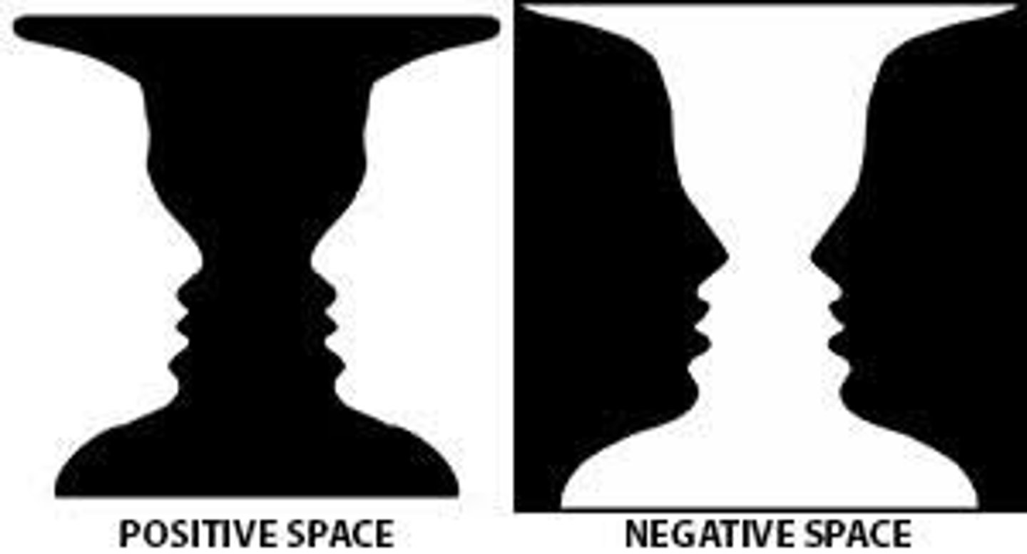 <p>Although space can refer to real three-dimensional space, artists refer to space within the boundaries of the composition. Space helps the composition look like it has form and gives the artwork a feeling of depth. Artists up both nositive and negative space to influence how an obiect mieht appear. Negative space is the space</p><p>between or around the object.</p>
