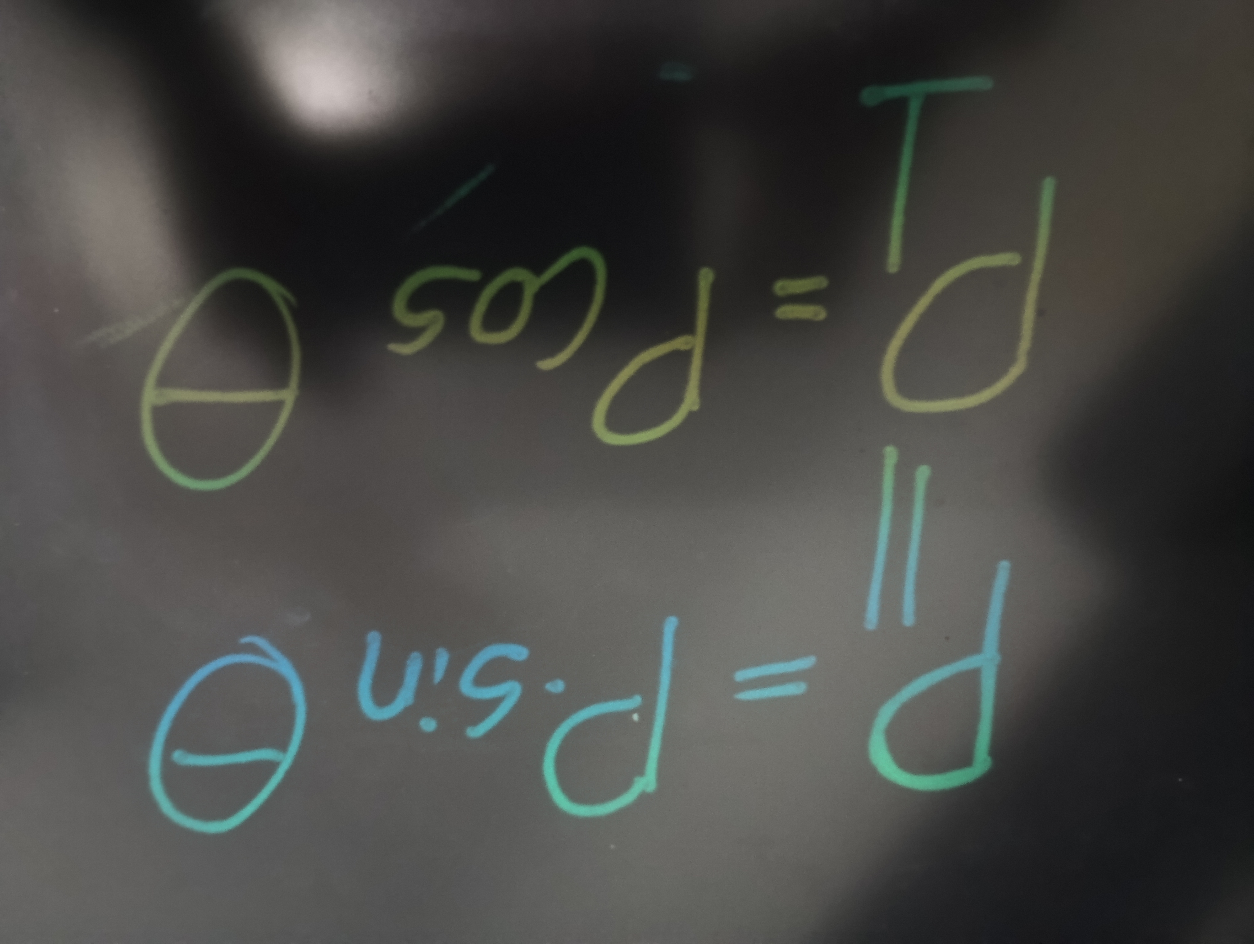 <p>P || = P×sin Angulo</p><p class="has-focus">P|_ = P× cos Angulo</p>