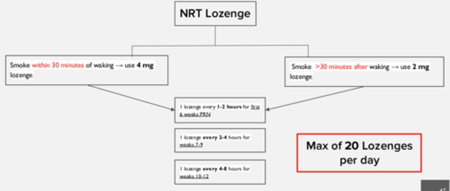 <p>Start with 4 mg</p><p>- weeks 1-6: 1 lozenge every 1-2 hours </p><p>- weeks 7-9: 1 lozenge every 2-4 hours </p><p>- weeks 10-12: 1 lozenge every 4-8 hours</p>