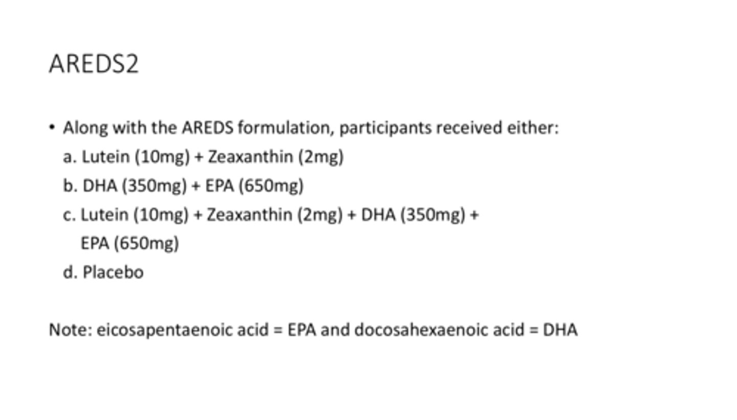 <p>Along with the AREDS formulation participants ALSO received one of what?</p>