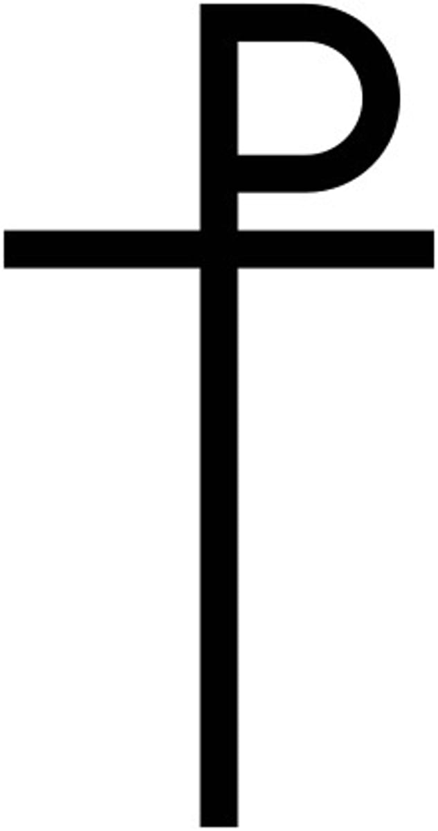 <p>The staurogram combines the Greek letters tau-rho to stand in for parts of the Greek words for "cross" (stauros) and "crucify" (stauroō) in Bodmer papyrus P75. Staurograms serve as the earliest images of Jesus on the cross, predating other Christian crucifixion imagery by 200 years.</p>