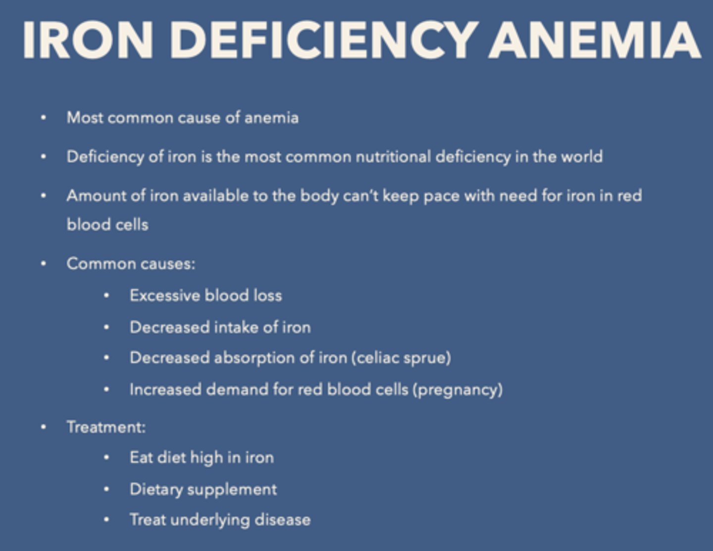 <p>eat iron rich diet</p><p>iron supplements</p><p>treat underlying disease</p>