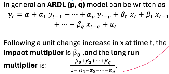 <p>A combination of models DL and AR</p><p>y<sub>t </sub>= f(y<sub>t</sub>, y<sub>t-1</sub>, y<sub>t-2</sub>, … , x<sub>t</sub>, x<sub>t-1</sub>, x<sub>t-2</sub>, …) + u<sub>t</sub></p><p>Y is impacted by its past self and current + past of other variables</p><p>If you include 1 lag of y and 2 lags of x you have the ARDL (1, 2) model</p><p></p>
