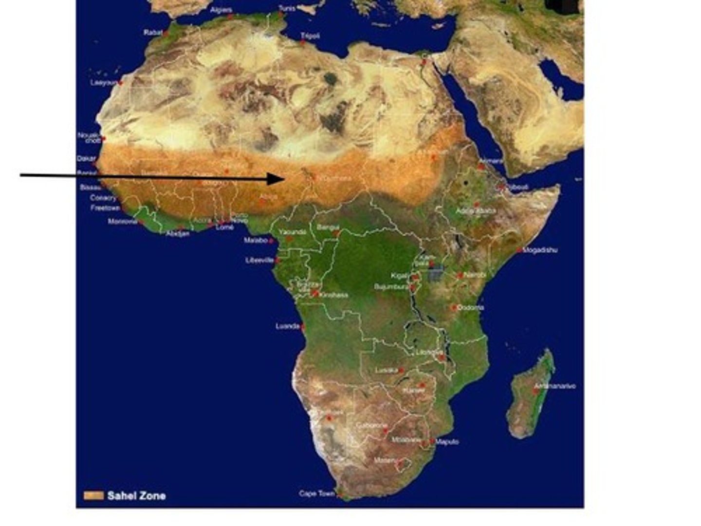 <p>a strip of dry grasslands on the southern border of the Sahara; also known as "the shore of the desert"</p>