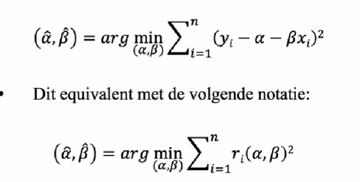 <p>we kiezen âlpha ^beta zodat de som van de gekwadrateerde aftsand tussen de observaties en de regressielijn zo klein mogelijk is </p><p>→ RSS residuals sum of squares </p><p>OLS schatters zijn dus de waardes die de RSS minimaliseren </p>