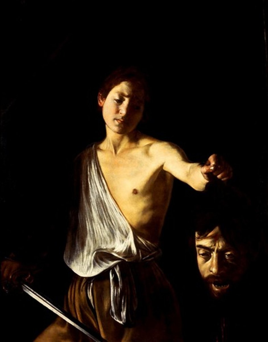 <p>Strong contrast between light and shade in a painting</p><p>This can make a painting feel:</p><p>Spooky, scary, dramatic</p><p>It can also be used to create the illusion of form (make things seem more 3D)</p>