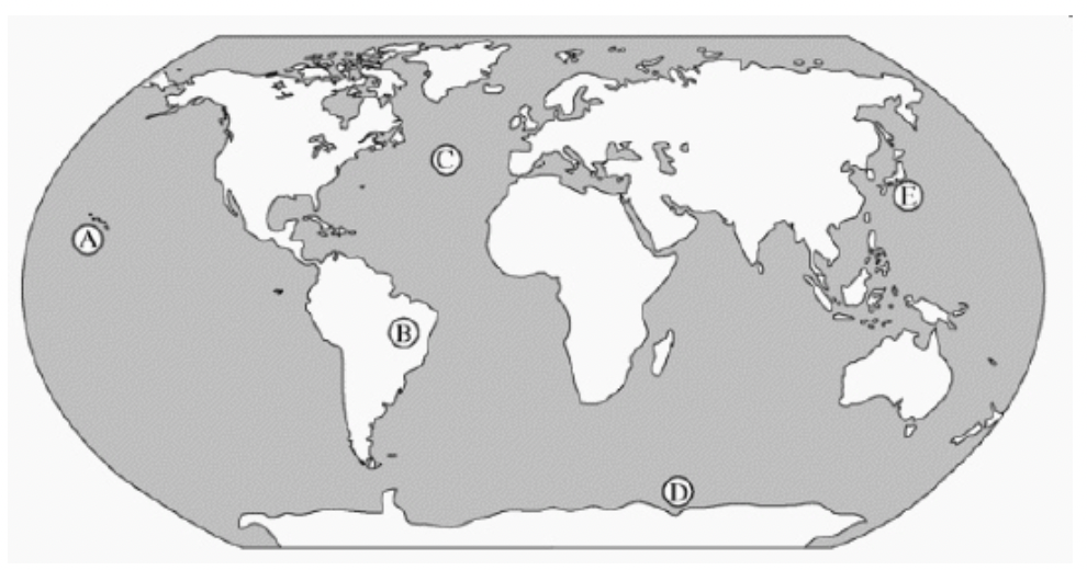 <p><span>Select the choice that best fits each statement. The following question(s) refer to the locations marked by letters on the world map below. Each set of lettered choices below refers to the numbered questions or statements immediately following it. Select the one lettered choice that best answers each question or best fits each statement and then fill in the corresponding oval on the answer sheet. A choice may be used once, more than once, or not at all in each set.</span></p><p>The location where new crust is being created at a divergent plate boundary</p>