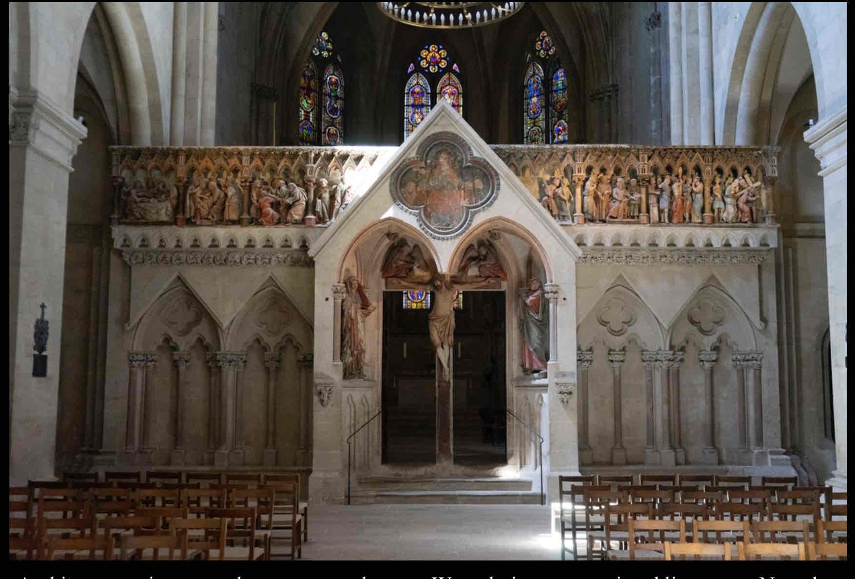 <p>Serves as a physical and emotional threshold within the sacred space. Adorned with expressive statues of Jesus, Mary, and John, the screen adds an aura of mystery and solemnity to the cathedral interior. As visitors approach, they are compelled to pause and contemplate their presence in relation to the divine, embodied by the statues, fostering a heightened sense of spiritual awareness and connection. </p>