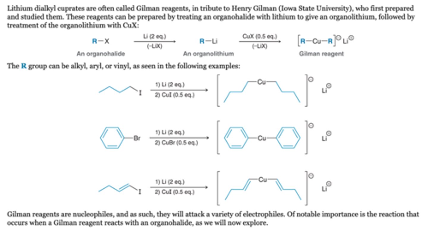 <p>-These reagents can be prepared by treating an organohalide with lithium to give an organolithium, followed by treatment of the organolithium with CuX</p><p>-The R group can be alkyl, aryl, or vinyl,</p><p>Reagents</p><p>1. Li (2 eq)</p><p>2. CuX (0.5 eq)</p>