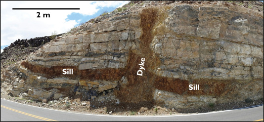 <p>a horizontal sheet of rock that intrudes through a pre-existing weakness</p>
