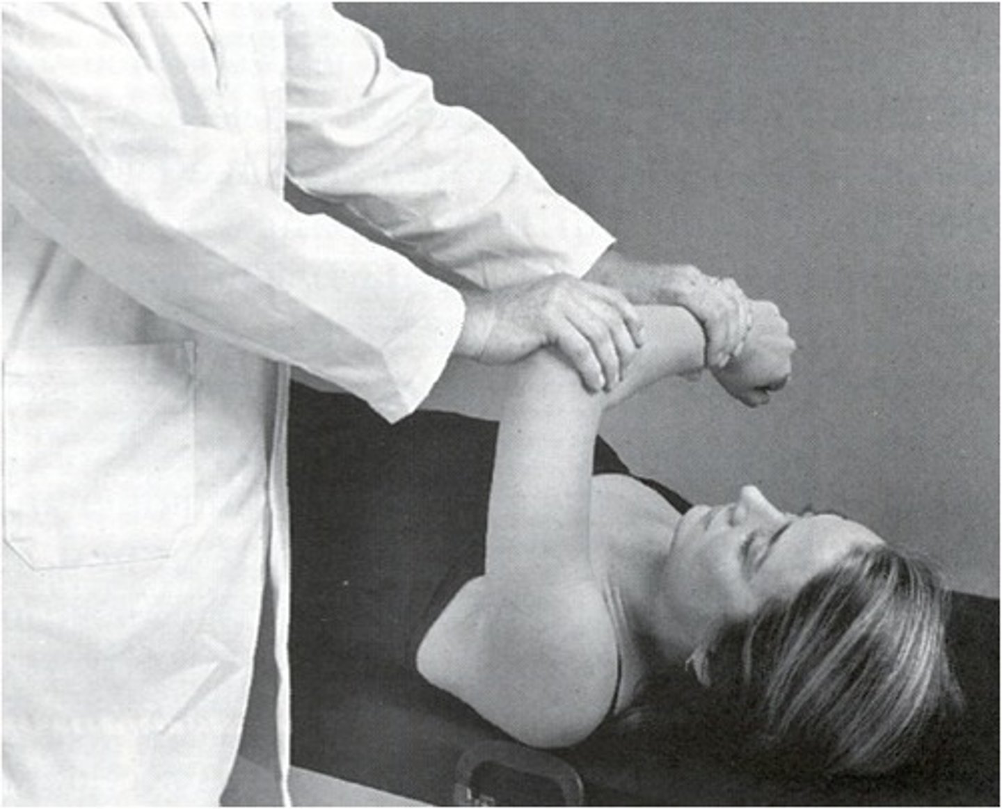 <p>sudden jerk with shoulder flexion 90 and IR</p>