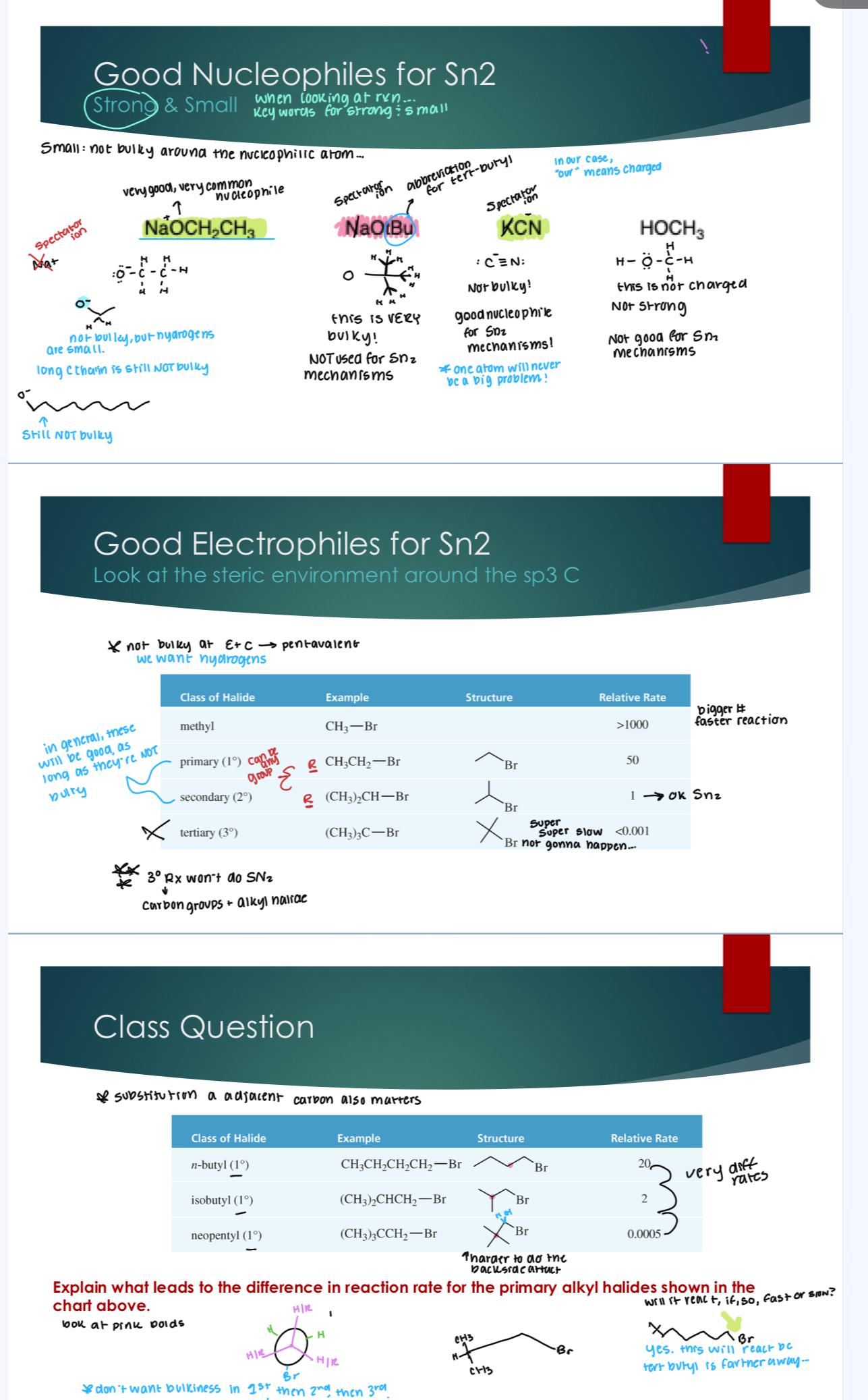 <p>Want something that isn’t bulky!! Long chains of carbon are NOT bulky: there are general rules (like primary, secondary, and tertiary) as seen by the chart, but you don’t want bulkiness because then the nucleophile can’t reach the halogen to be able to do the backside attack.&nbsp;</p>