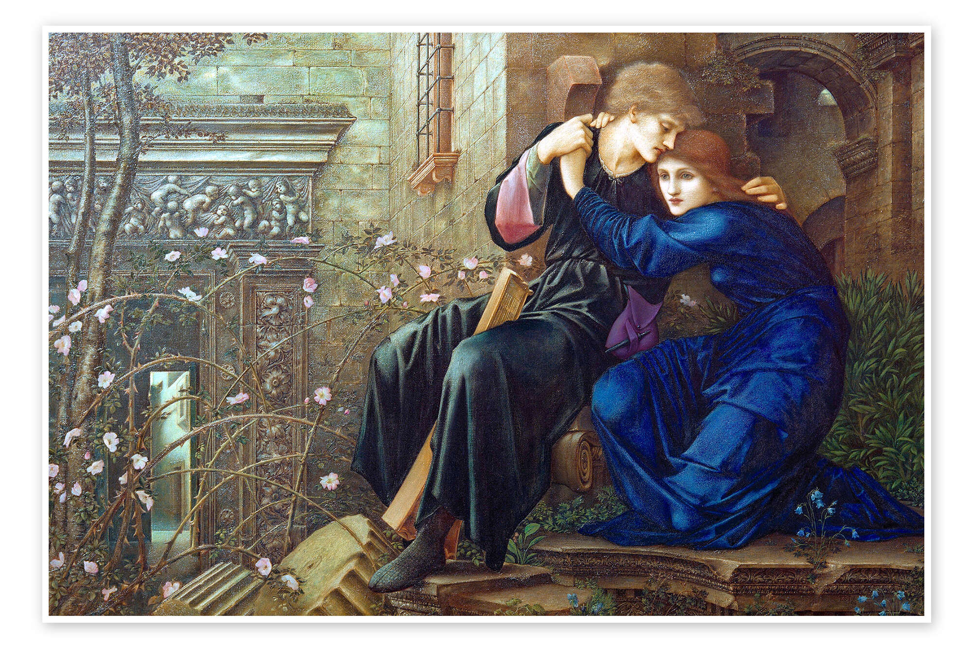 <ul><li><p>British artist and designer closely associated with the later phase of the Pre-Raphaelite movement,</p></li><li><p>worked closely with William Morris on a wide range of decorative arts, particularly stained glass</p></li><li><p><strong>Love among the Ruins</strong></p></li></ul><p></p>