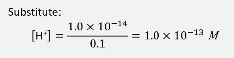 <p>NaOH is a strong base, meaning it dissociates completely in water:</p><p>At 25 °C, the ion product of water is:</p><ul><li><p>𝐾_𝑤=["H⁺" ]["OH⁻" ]=1.0×10^(−14)</p></li></ul><p>Rearrange to find ["H⁺" ]:</p><ul><li><p>["H⁺" ]=𝐾_𝑤/["OH⁻" ] </p></li></ul><p>Calculate pH</p><p>"pH"=−𝑙𝑜𝑔10["H⁺" ]</p><p>"pH"=−𝑙𝑜𝑔10(1.0×10^(−13) )</p><p>log10(10^(−13) )=−13</p><p>"pH"=−(−13)=13</p>