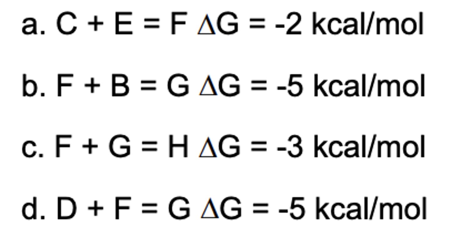 <p>Which reaction can be coupled to A + B = C + D G = 3 kcal/mol?</p>
