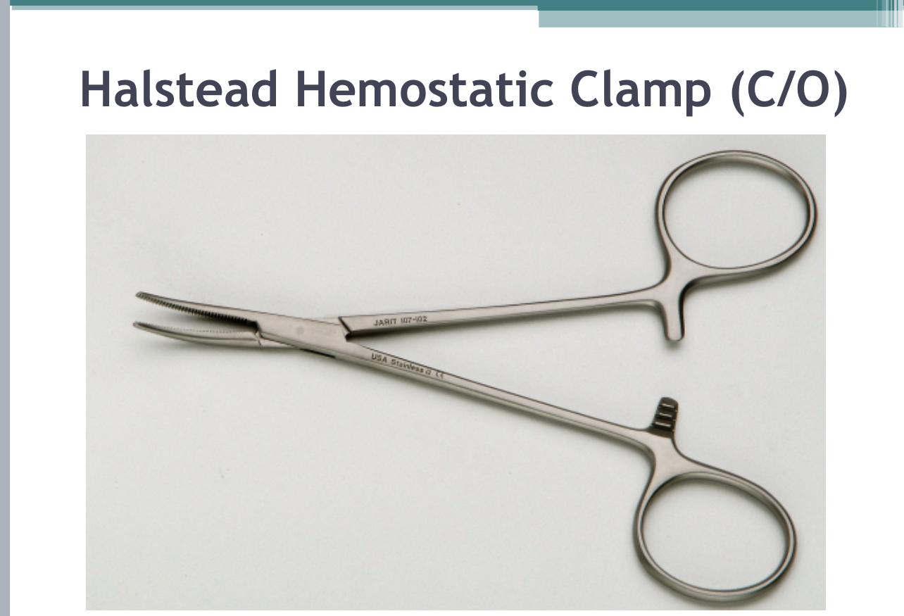 <p>Halstead Hemostatic Clamp (Clamping/Occluding): A curved or offset hemostatic clamp used to control bleeding by clamping vessels.</p>