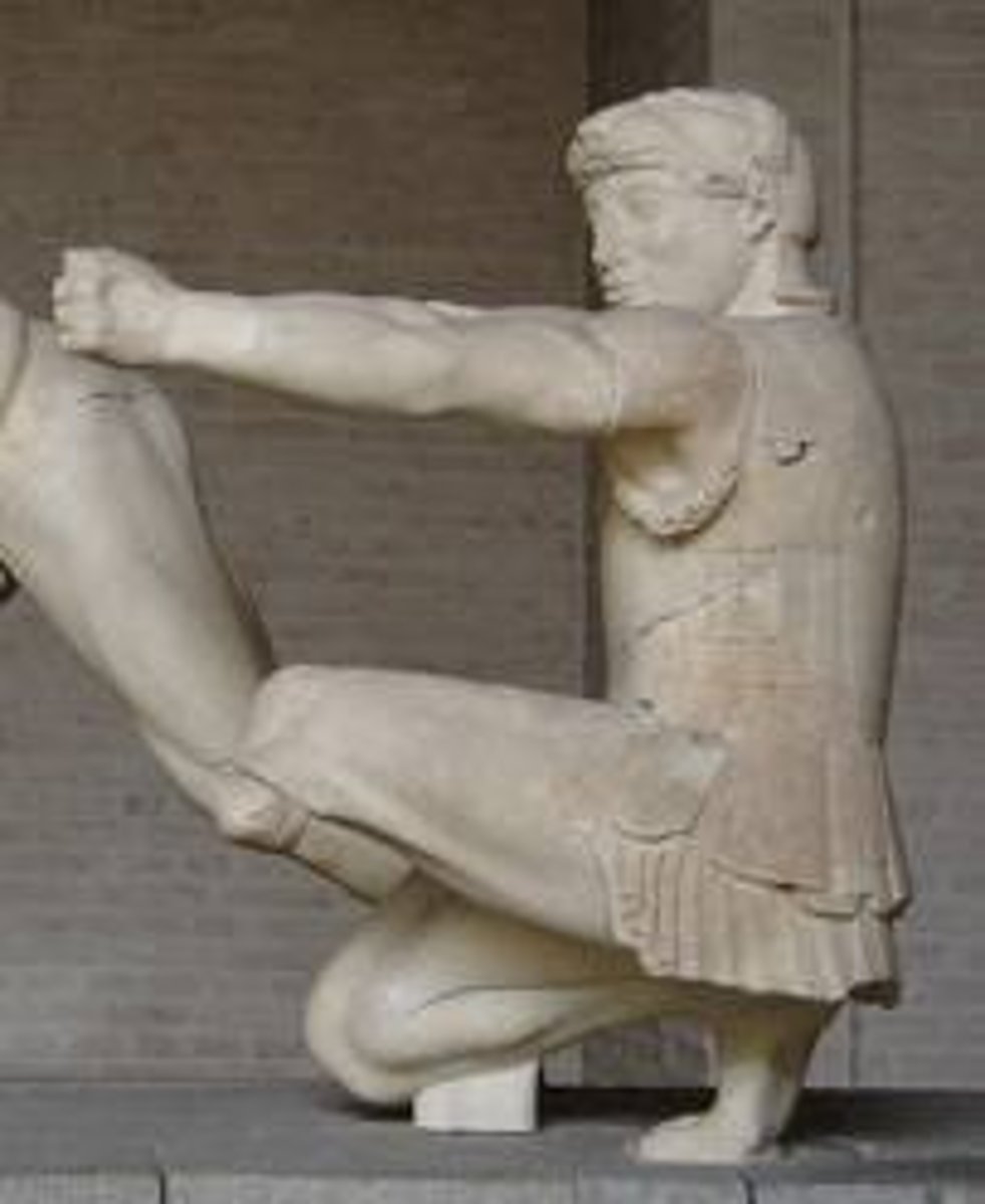 <p>- male and female funerary monuments and religious offerings called kouros and kore figures with frontal position hanging down</p>