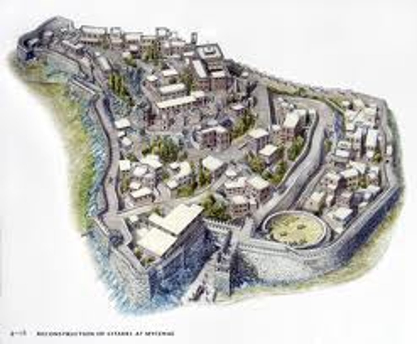 <p>- Citadel = walled city</p><p>- Citadel is 50-60m above sea level on hill</p><p>- Hills to the North and South</p><p>- Ravine to North and east</p><p>- Spring 400m away feeds cistern</p><p>- Plains to the South</p><p>- Sea to the South</p>