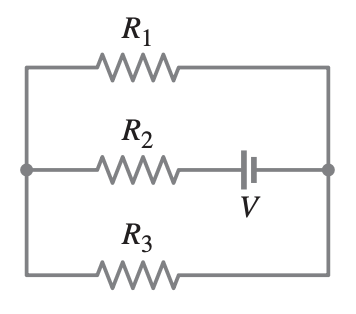 <p>R1 and R3<br><br>Following a path from the positive terminal of the battery, all of the current from the battery passes through R2 before reaching the junction at the end of that branch.</p><p>The current then splits and part of the current passes through R1 while the remainder of the current passes through R3 before meeting at the right junction</p>
