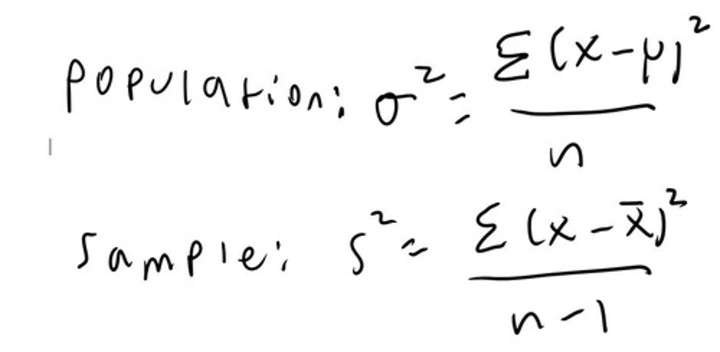 <p>So for a population you sum up all of the squares of the deviations from the mean and divide by the number of terms. You do the same thing for a sample but divide by number of terms-1 due to degrees of freedom.</p>