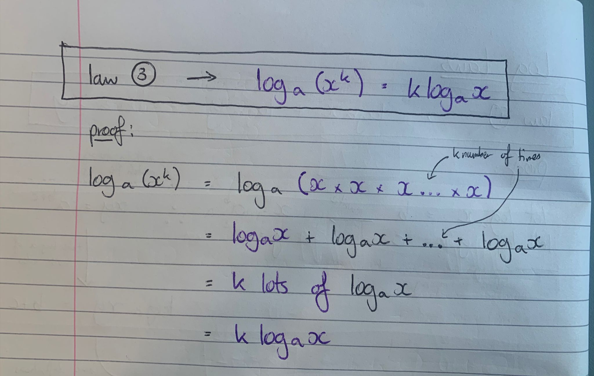 <p>log<sub>a</sub>(x<sup>k</sup>) = k(log<sub>a</sub>x)</p>