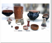 <p>-Local/Handmade, fired at low temp-Non-local shapes: Hearths, Stands, Funnels, Lids -Slipped &amp; Burnished (color controlled by fire)-Color Rule: if 2 colors red on inside black on outside-Inside= red (oxidizing)-Outside = black (reducing)-Clay brittle/not well made</p>