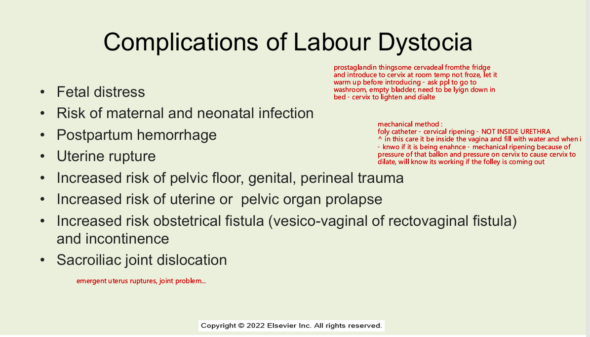 <ul><li><p>fetal distress</p></li><li><p>risk of maternal and neonate infection</p></li><li><p>pp hemorrhage</p></li><li><p>uterine rupture</p></li><li><p>increased risk of pelvic floor, genital and perineal trauma</p></li><li><p>increased risk of uterine or pelvic organ prolapse</p></li><li><p>increase risk of obstetric fistula (vesico-vaginal of rectovaginal fistula) and incontinence</p></li><li><p>sacroiliac joint dislocation</p></li></ul><p></p>